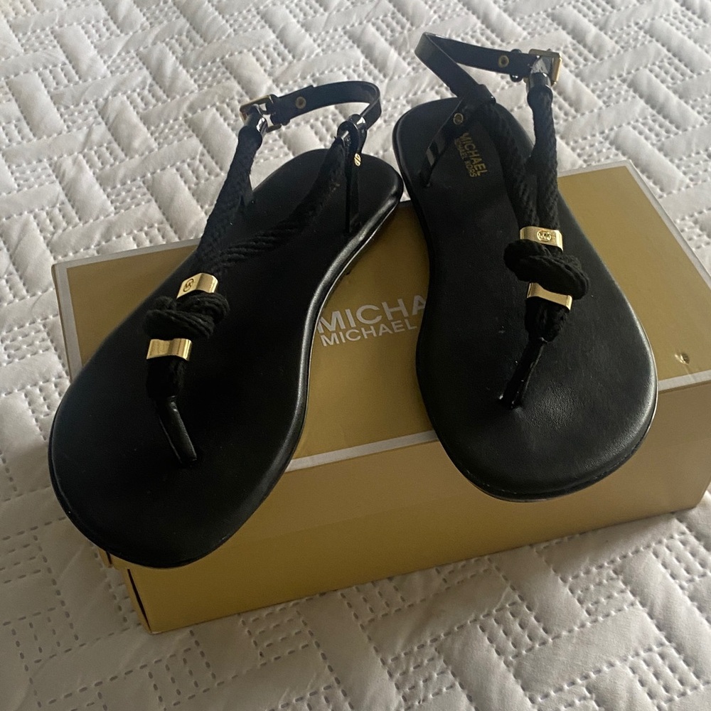 Michael Kors Black Braided T-Strap Sandals with Gold Accents never worn